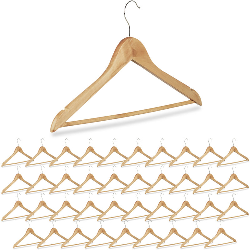 foto del prodotto grucce appendiabiti, set 40 appendini con barra appendi pantaloni e gonne, giacche, ganci 360 , legno naturale relaxdays