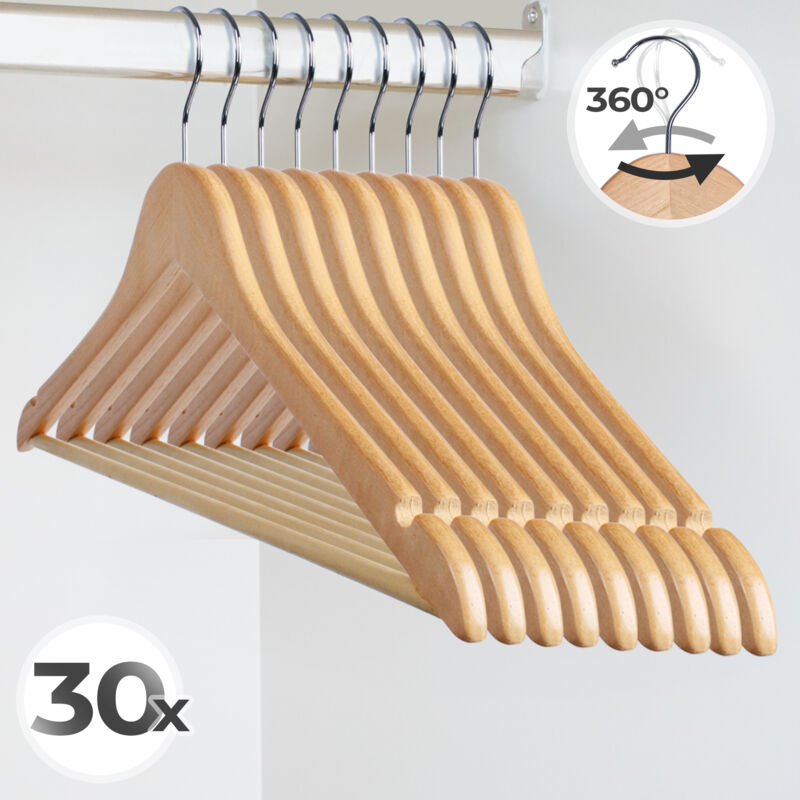foto del prodotto grucce appendiabiti set da 30, in legno, 44,5 cm, con portapantaloni e 2 scanalature per spalline, gancio girevole appendini salvaspazio, da