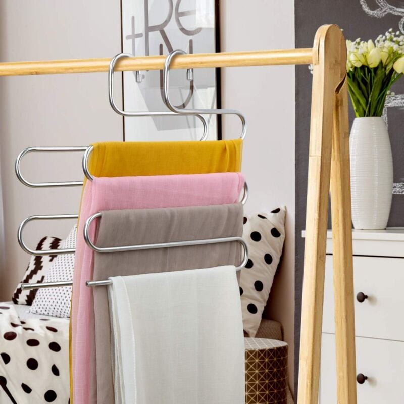 foto del prodotto grucce multiuso in acciaio inox per pantaloni, design a 5 ripiani per sciarpe, jeans, vestiti, pantaloni e asciugamani.