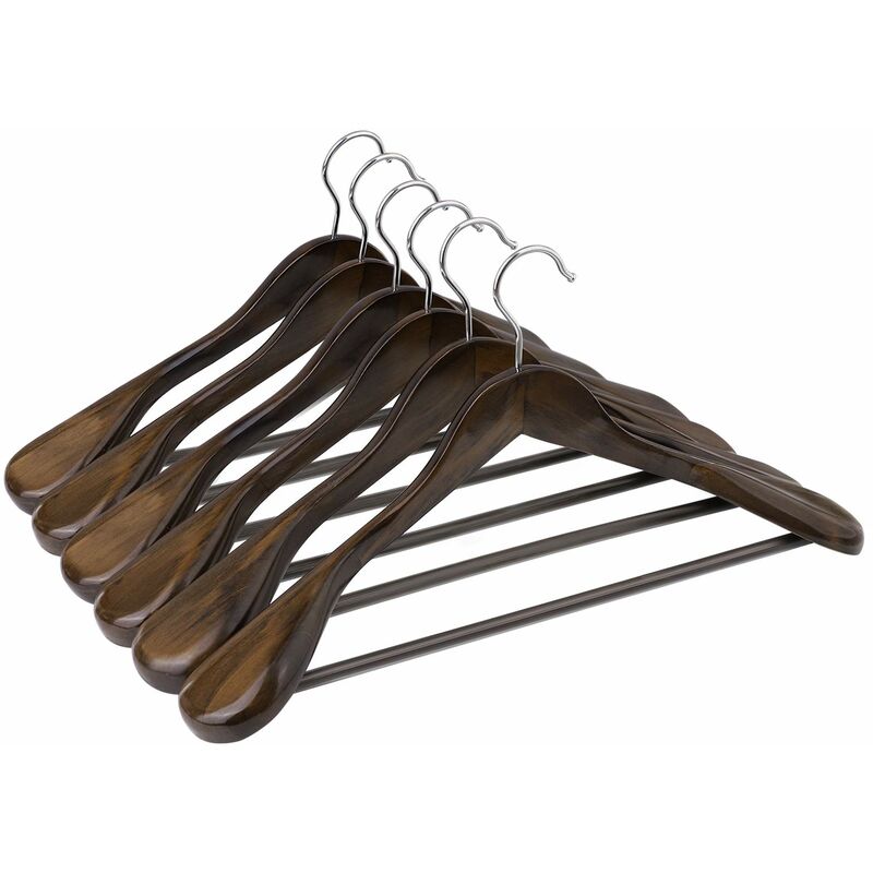 foto del prodotto grucce per completi, set di 6, grucce con spalline extra larghe in legno massiccio, antiscivolo per cappotti, gonne, giacche, pantaloni, gancio