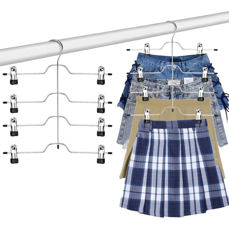 foto del prodotto gruccia per pantaloni con clip, 2 pezzi, 4 livelli, in metallo, salvaspazio, scorrevole, per pantaloni, gonne, jeans, asciugamani, pantaloncini