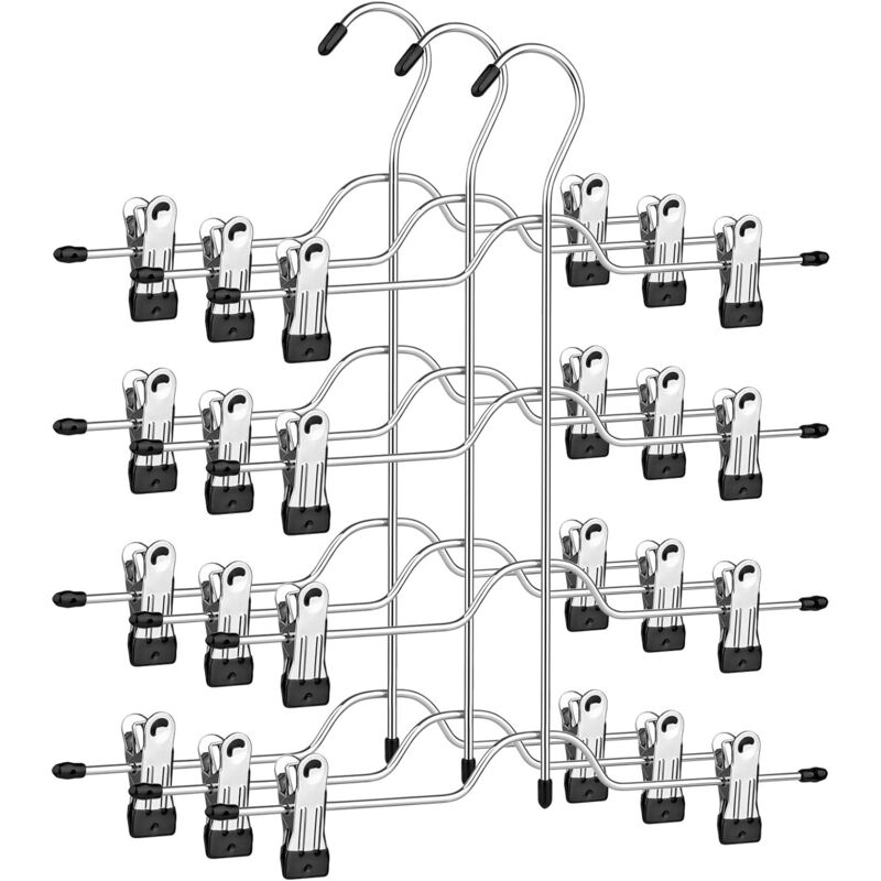 foto del prodotto gruccia per pantaloni con clip, set da 3, gruccia in metallo, 4 ripiani, 8 clip antiscivolo rimovibili, per gonne, jeans, asciugamani, pantaloncini,