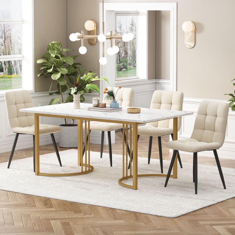 foto del prodotto gruppo da pranzo 5 pezzi , set tavolo da pranzo con 4 sedie, set tavolo da cucina moderno, piano in mdf bianco, sedie da pranzo in velluto beige,
