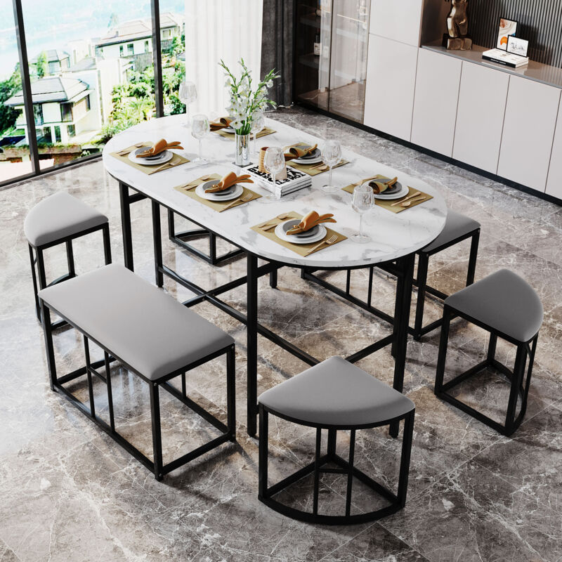 foto del prodotto gruppo da pranzo set, con tavolo da pranzo, 4 sgabelli piccoli e 2 sgabelli grandi , set tavolo da pranzo da cucina moderno con struttura in acciaio