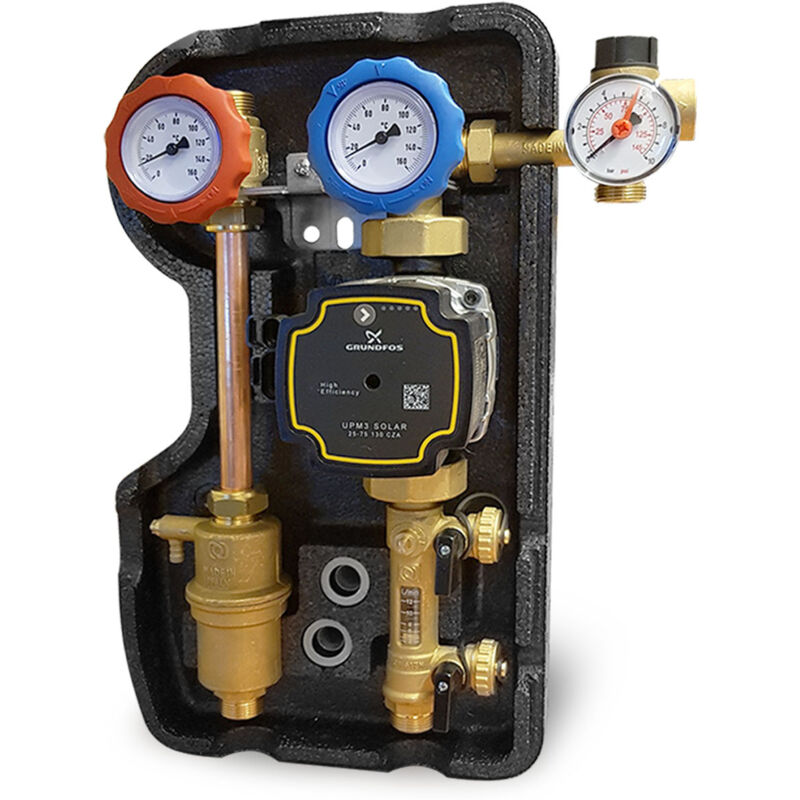 foto del prodotto gruppo di circolazione a due vie con disaeratore, flussometro 2-12 l min e circolatore grundfos 25 75 cavo pwm