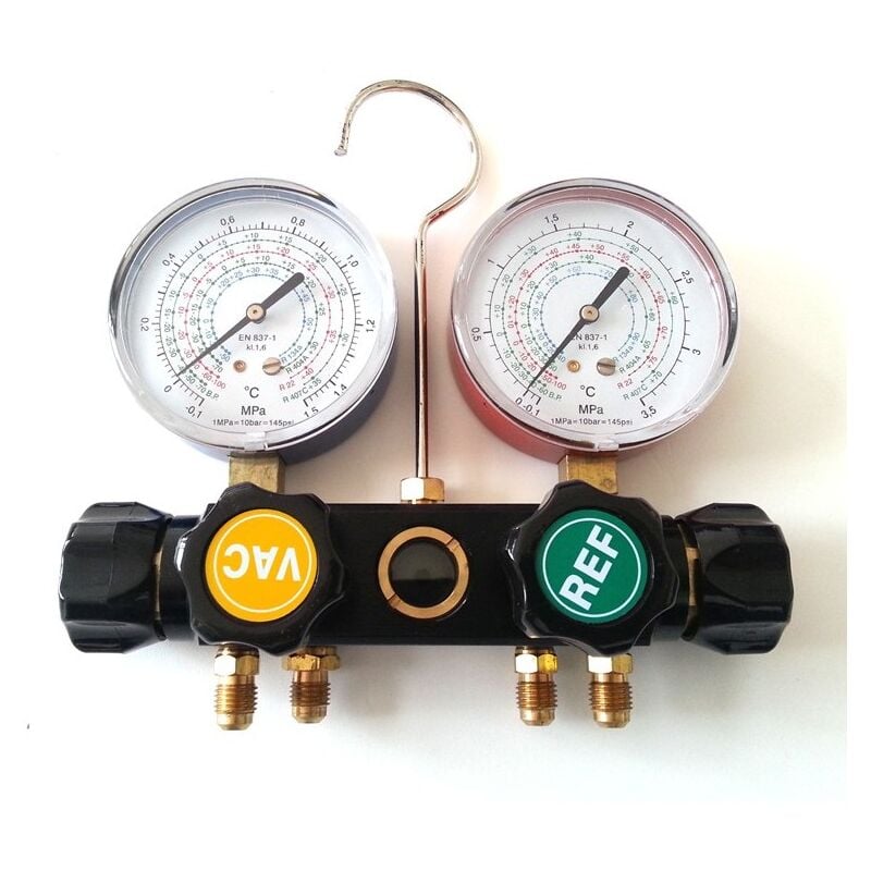 foto del prodotto gruppo manometro doppio freon r22 r134a r404a r407c attacco 1 4 4 vie