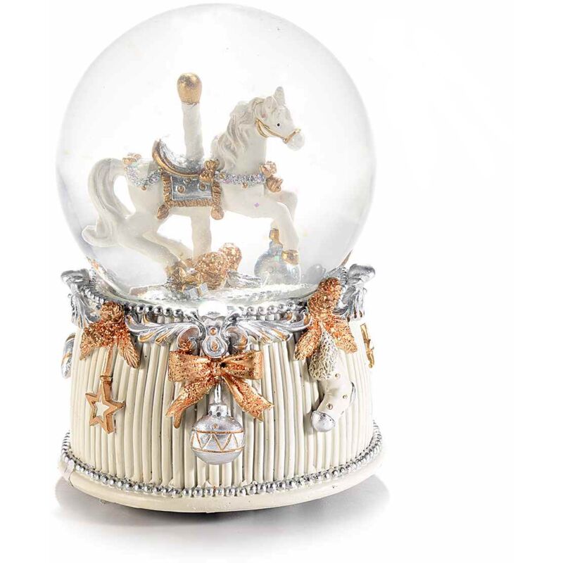 foto del prodotto gruppo maruccia - carillon natalizio a forma di palla di neve con giostra dei cavalli carillon e melodie di natale idea regalo