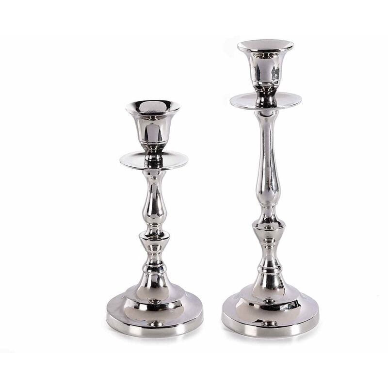 foto del prodotto gruppo maruccia coppia di candelabri argentati in metallo portacandele da tavolo e camino vintage finitura lucida set 2 pezzi