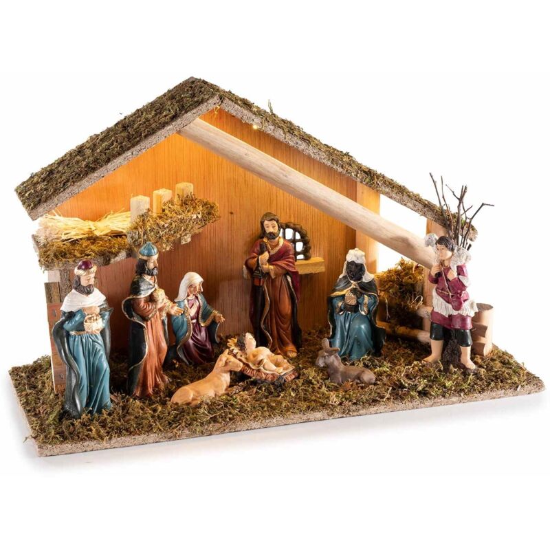 foto del prodotto gruppo maruccia presepe da tavolo con capanna, muschio e luci led altezza 23 cm idea regalo