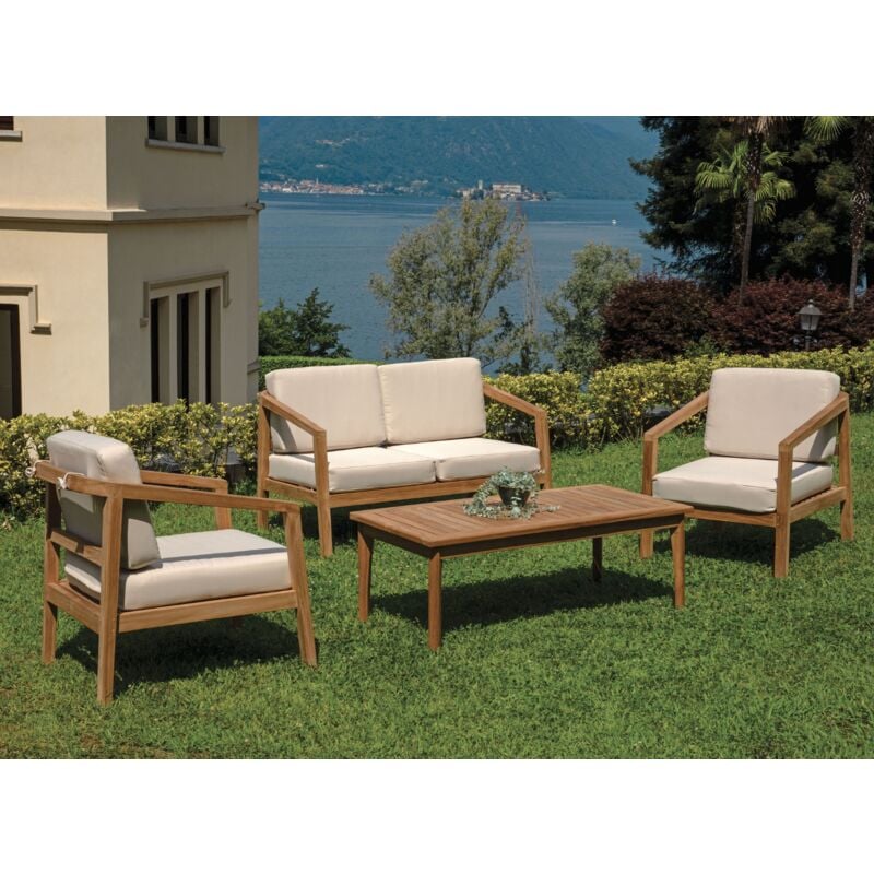 foto del prodotto gruppo maruccia salotto da giardino in legno teak con divano, poltrone con cuscini e tavolino