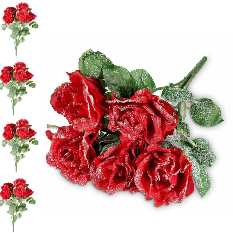 foto del prodotto gruppo maruccia set 4 mazzi di rose rosse artificiali effetto innevato