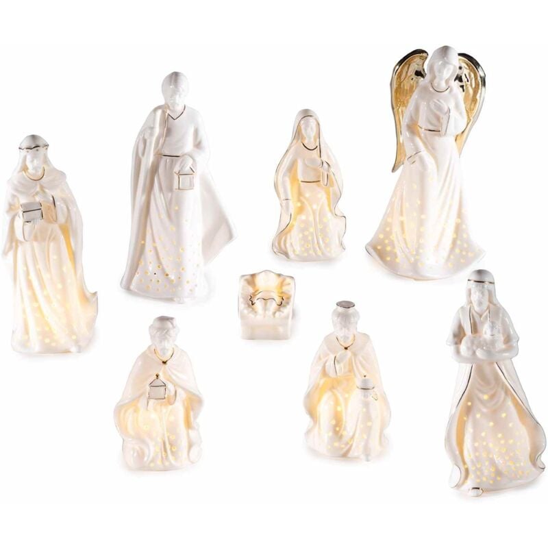 foto del prodotto gruppo maruccia - statuine per il presepe in porcellana bianca e oro con led 8 personaggi natività