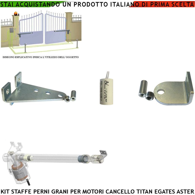 foto del prodotto gruppo staffe acciaio zincate ricambio dei motori serie titan utilizzati su cancello automatico gr mpc e-gates con condensatore perni bulloni viti