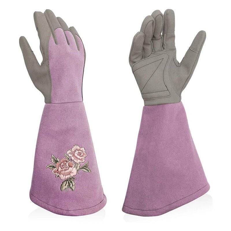foto del prodotto guanti da giardinaggio in pelle da donna, manica lunga, resistenti alle coltellate, eleganti guanti da giardinaggio per donna, ricamo delicato, viola