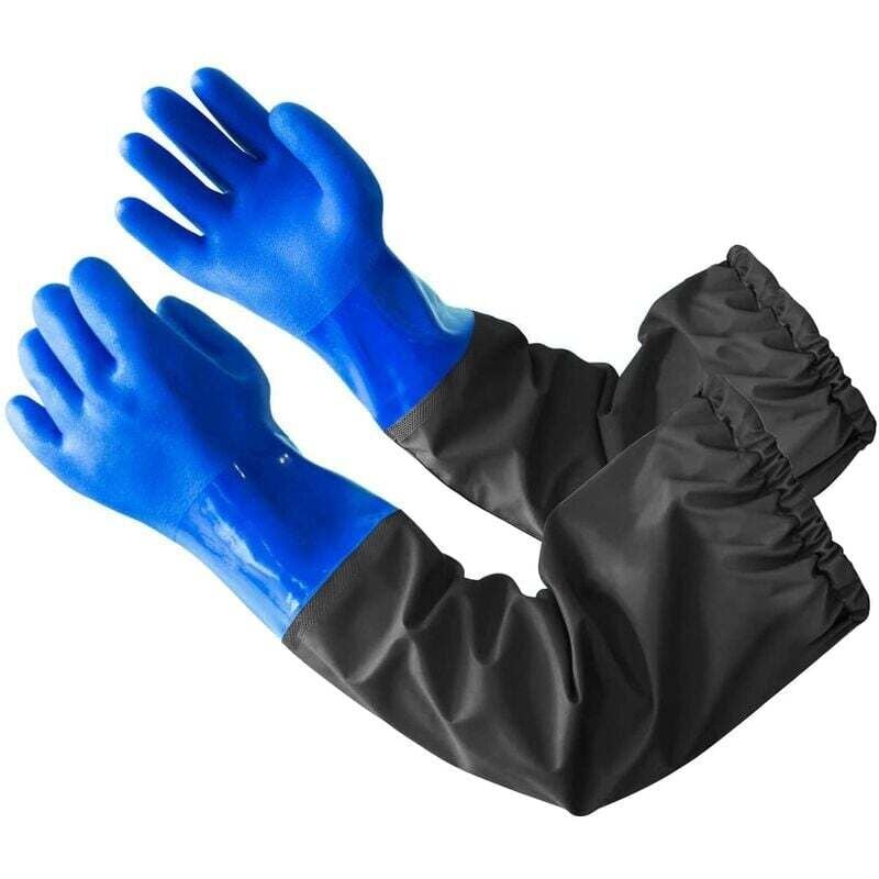 foto del prodotto guanti di protezione per laghetto in due pezzi per acquario guanti impermeabili extra lunghi 70 cm blu