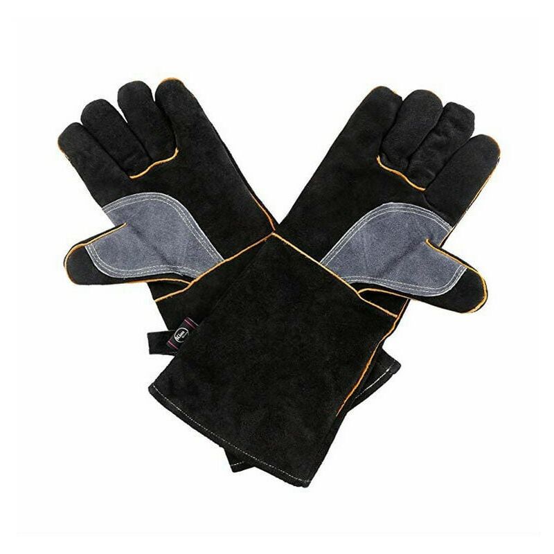 foto del prodotto guanti estremamente resistenti al fuoco e al calore, in pelle con cuciture in kevlar, perfetti per caminetto, fornello, forno, grill, saldatura,