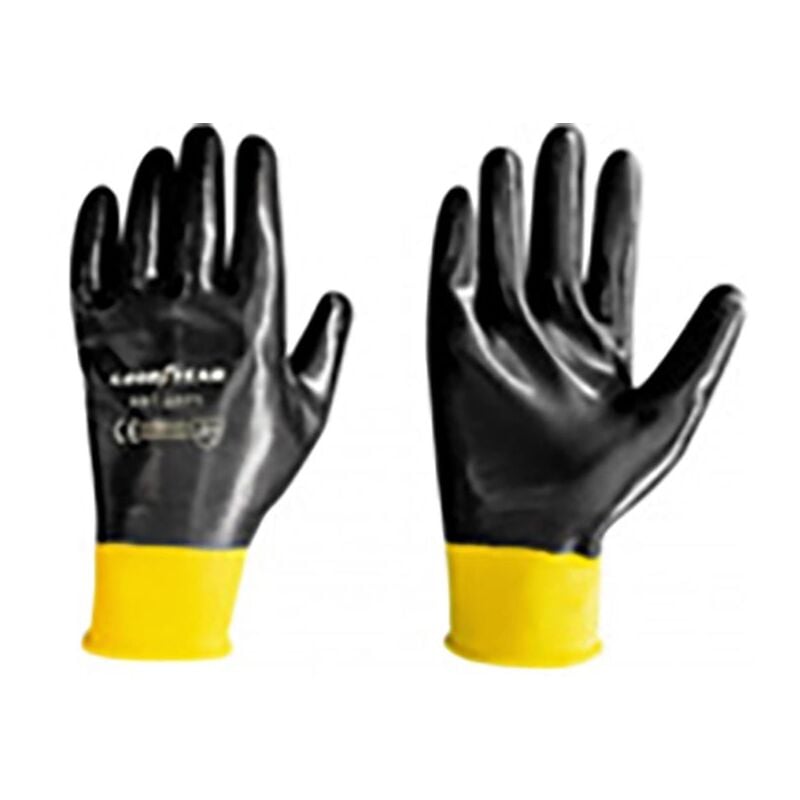 foto del prodotto guanti in nitrile taglia 10 colore nero con fascia gialla, guanti da lavoro goodyear