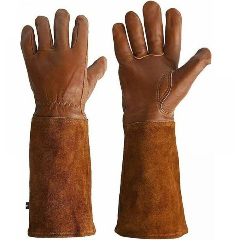 foto del prodotto guanti in pelle per giardinaggio e saldatura. protezione da spine e calore. venduti in coppia.