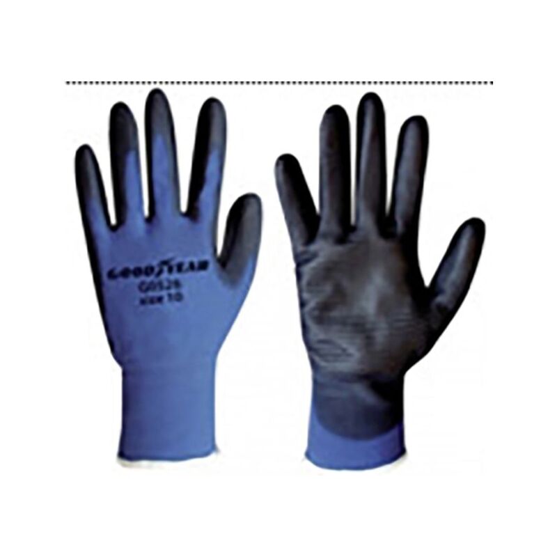 foto del prodotto guanti in tesuto nido d ape e palmo in poliuretano taglia 10 colore blu e nero, guanti da lavoro goodyear