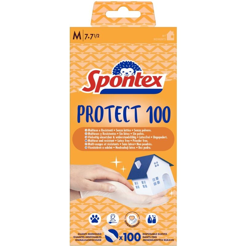 foto del prodotto guanti monouso protect 100, guanti in vinile, ipoallergenici, senza polvere e senza lattice, confezione da 100 pezzi, taglia m spontex