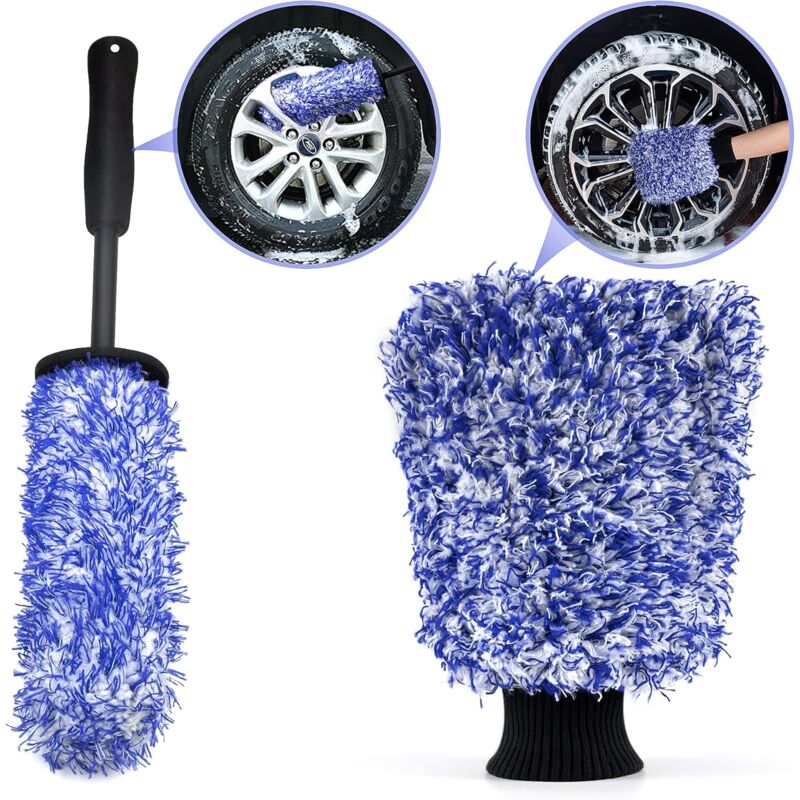 foto del prodotto guanto per lavaggio auto con spazzola per cerchioni, spazzola per la pulizia dei cerchi in microfibra rimuove senza sforzo lo sporco ostinato per la