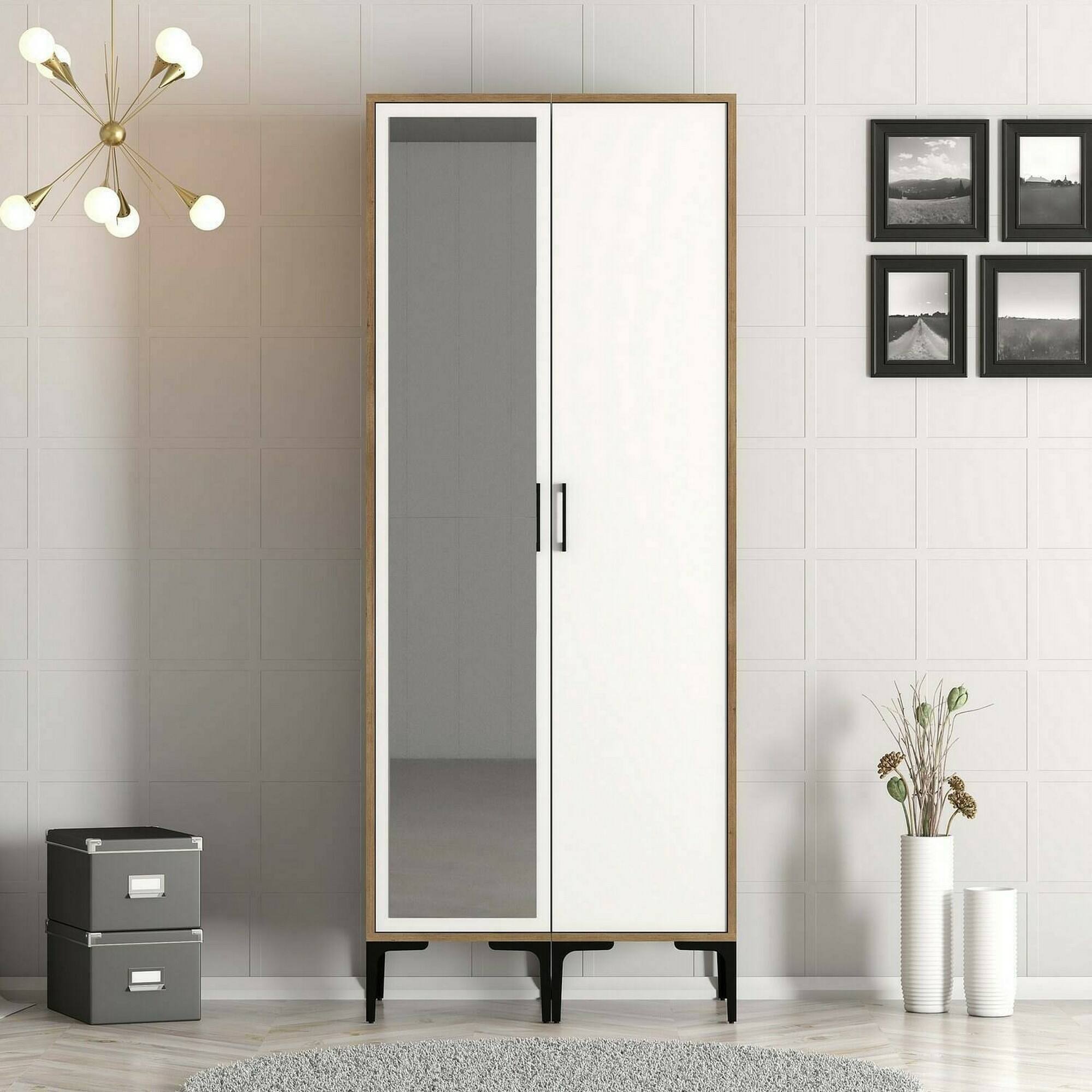 foto del prodotto guardaroba 2 ante anfo, mobile camera da letto, cabina armadio portabiti, armadio appendiabiti, 80x201h48 cm, noce e bianco