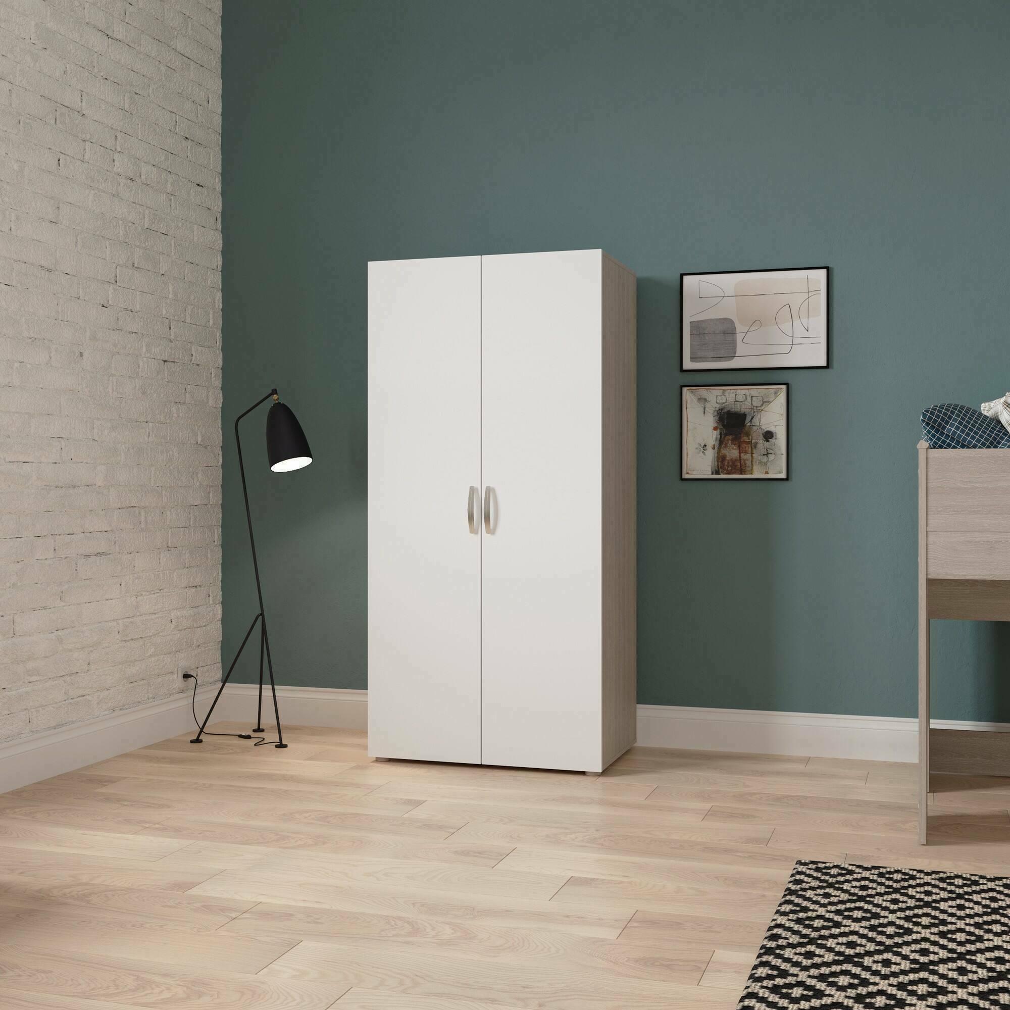 foto del prodotto guardaroba 2 ante barge, mobile camera da letto, cabina armadio portabiti, armadio appendiabiti, 79x52 h166 cm, rovere e bianco opaco