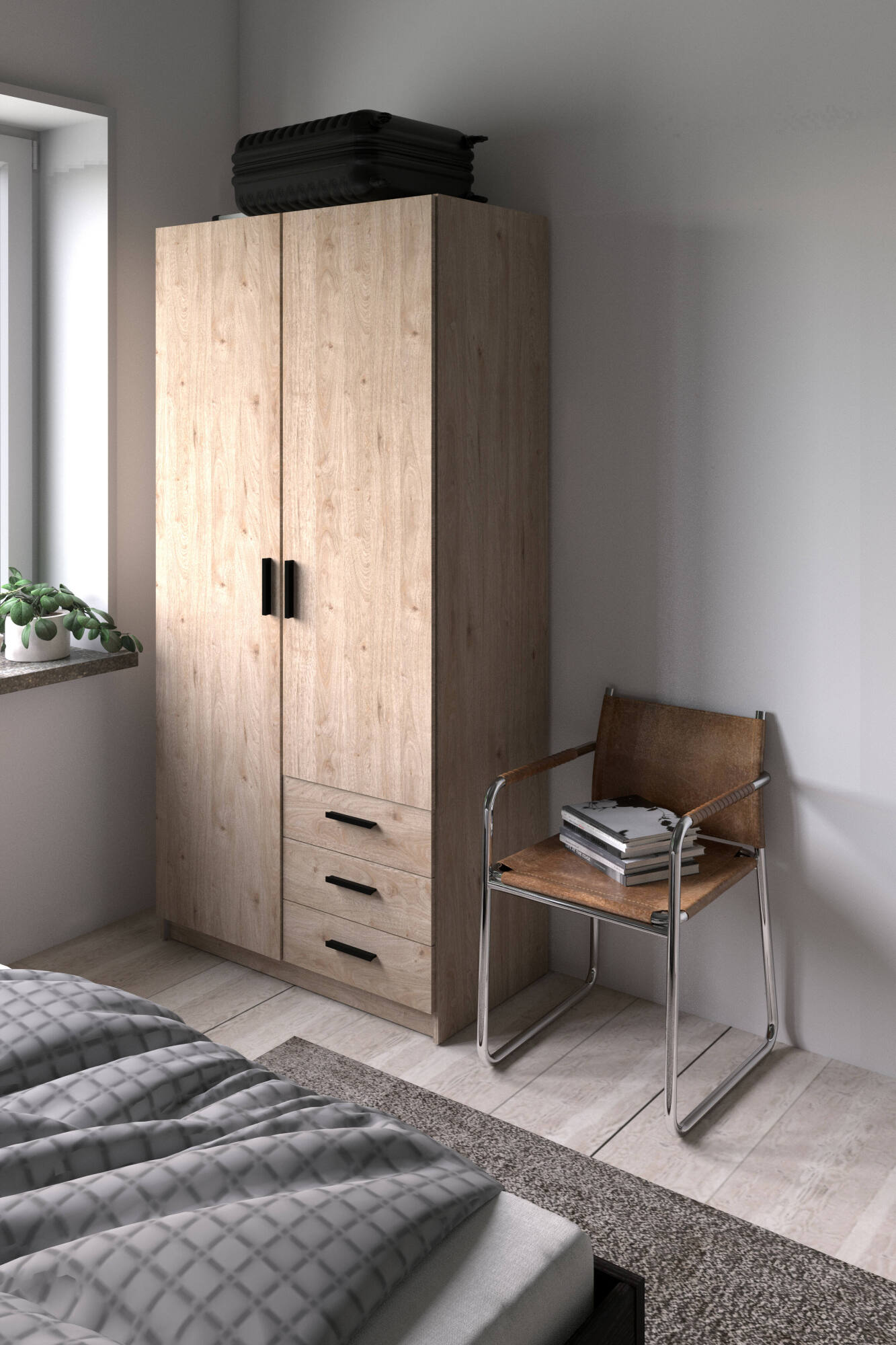 foto del prodotto guardaroba 2 ante sultani, mobile camera da letto, cabina armadio portabiti, armadio appendiabiti, 99x50 h200 cm, rovere dmora