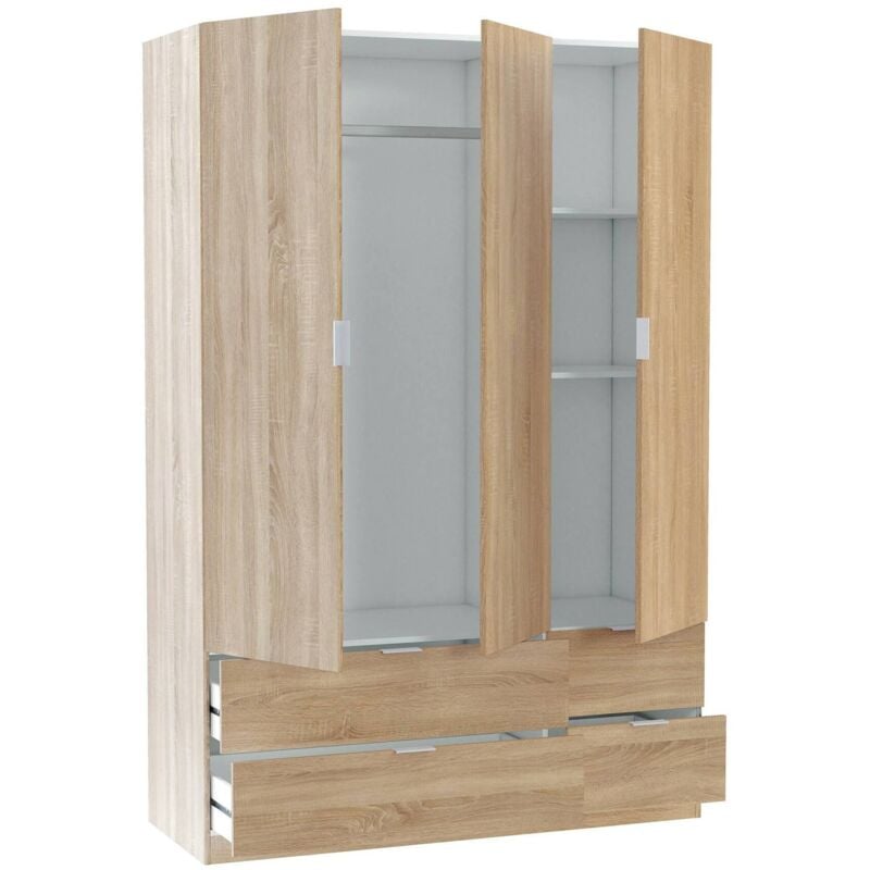 foto del prodotto guardaroba 3 ante ababala, mobile camera da letto a 3 ante e 2 cassetti, armadio appendiabiti, 135x52h200 cm, rovere - dmora