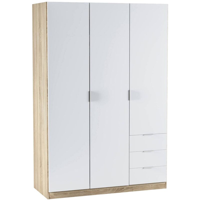 foto del prodotto guardaroba 3 ante apaches, armadio per camera da letto 3 cassetti, mobile con barra appendiabiti e 3 ripiani, 121x52h180 cm, bianco e rovere dmora