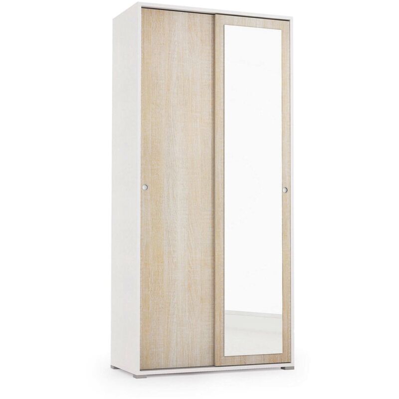 foto del prodotto guardaroba abduhl, armadio a 2 ante scorrevoli e specchio, mobile con barra appendiabiti e ripiani, 100 made in italy, 90x45h195 cm, rovere e bianco