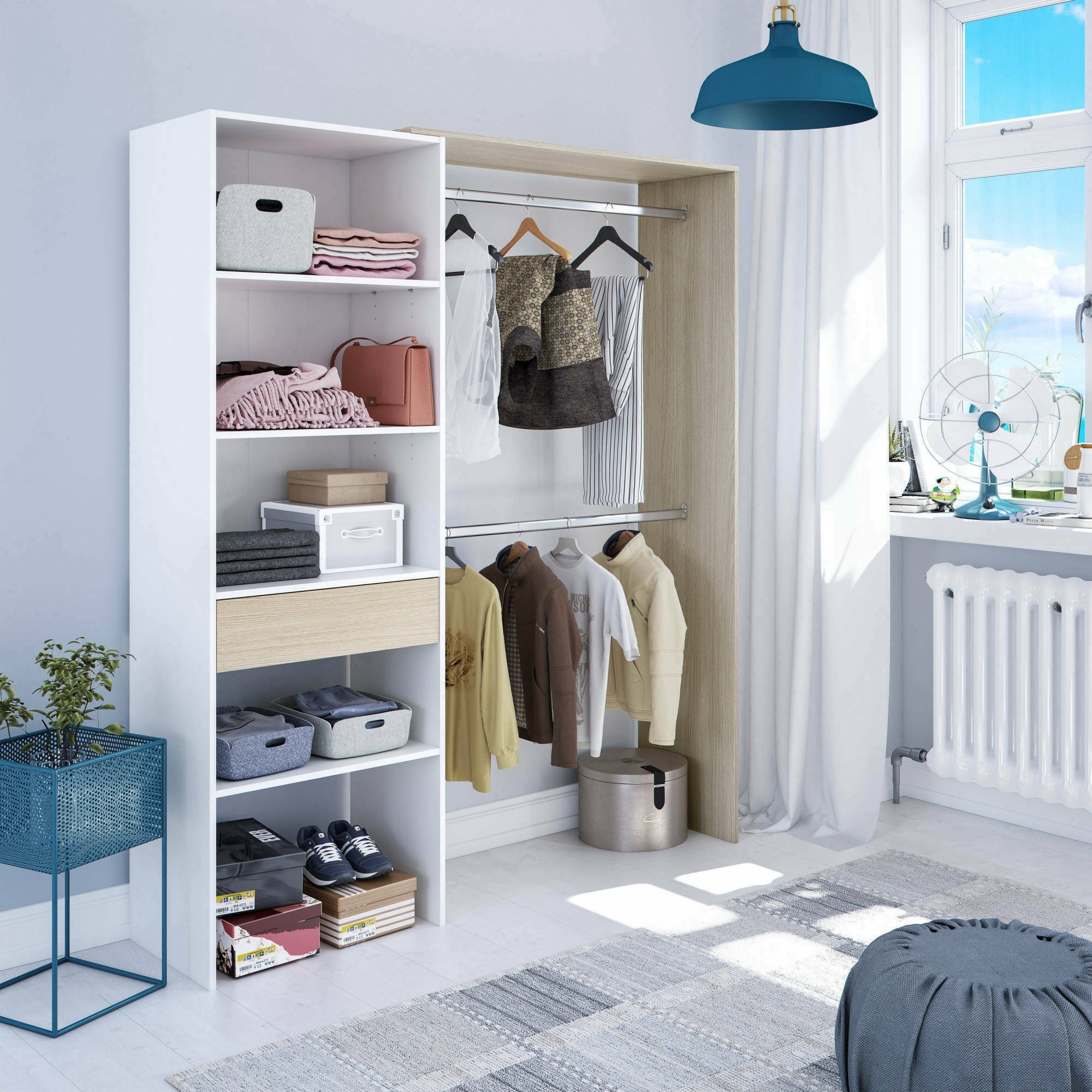 foto del prodotto guardaroba amico, struttura per cabina armadio, armadio aperto senza ante, cabina armadio, cm 158x40h187, bianco e rovere