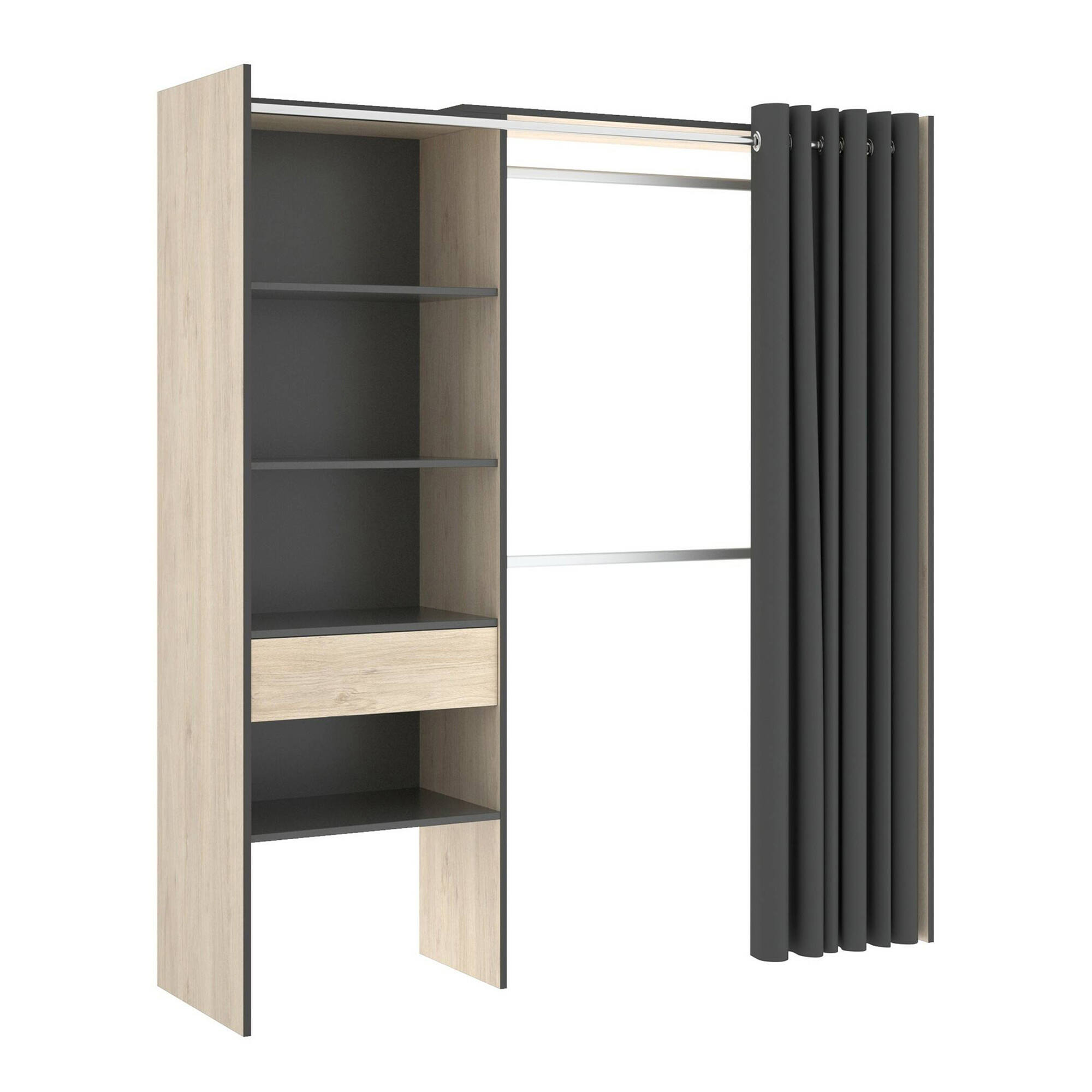 foto del prodotto guardaroba arim, struttura per cabina armadio con tenda, mobile appendiabiti aperto, 160x50h205 cm, rovere e antracite