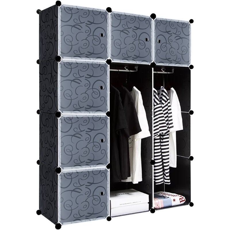 foto del prodotto guardaroba armadio a 12 cubi con porte,armadio combinato modulare, armadio pieghevole in plastica, scaffale portatile 111 x 37 x 147 cm, nero aufun