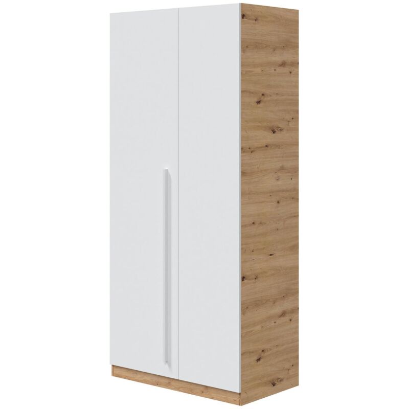 foto del prodotto guardaroba, armadio per camera da letto a 2 ante battenti, mobile con 3 ripiani e barra appendiabiti, cm 90x52h200, rovere nodi e bianco