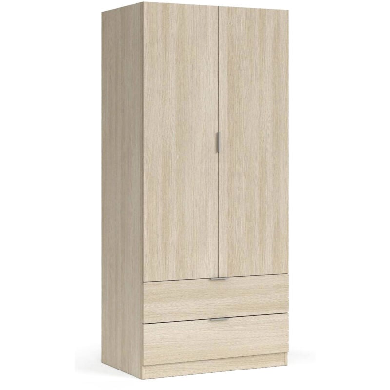 foto del prodotto guardaroba, armadio per camera da letto a 2 ante e 2 cassetti, mobile per camera da letto con barra appendiabiti, cm 81x52h180, quercia