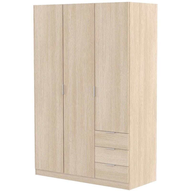 foto del prodotto guardaroba, armadio per camera da letto a 3 ante e 3 cassetti, mobile con 3 ripiani e barra appendiabiti, cm 121x52h180, rovere