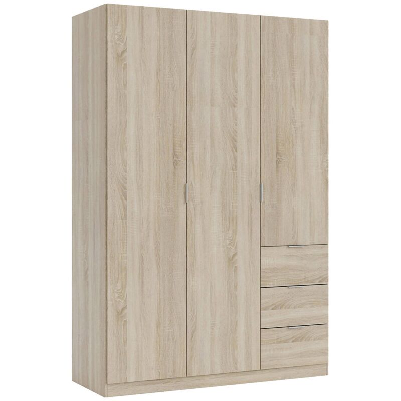 foto del prodotto guardaroba, armadio per camera da letto a 3 ante e 3 cassetti, mobile con 3 ripiani e barra appendiabiti, cm 135x52h200, rovere