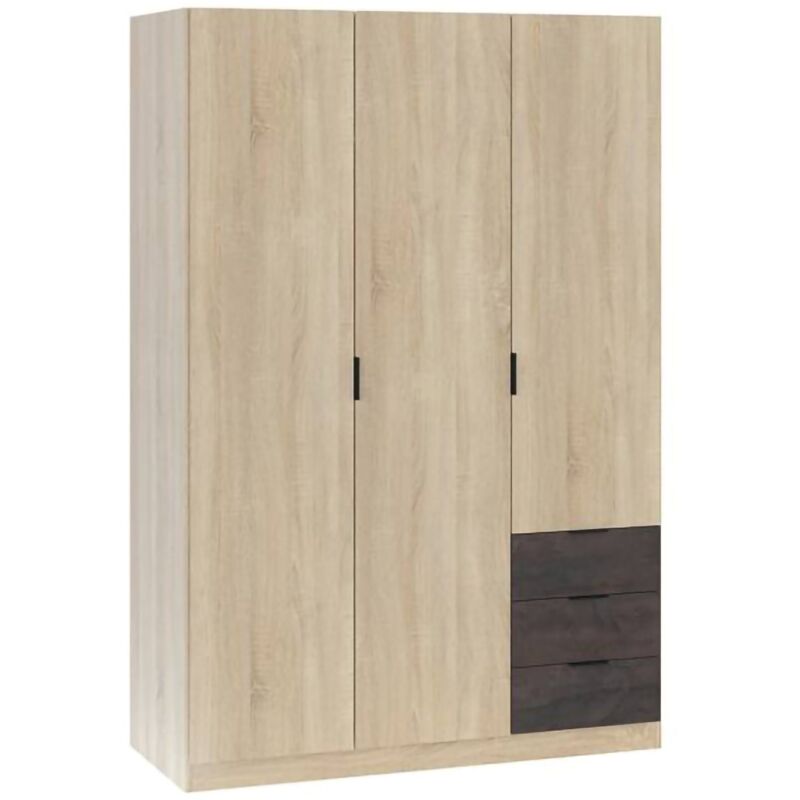 foto del prodotto guardaroba, armadio per camera da letto a 3 ante e 3 cassetti, mobile con barra appendiabiti e 3 ripiani, cm 121x52h180, rovere e ossido