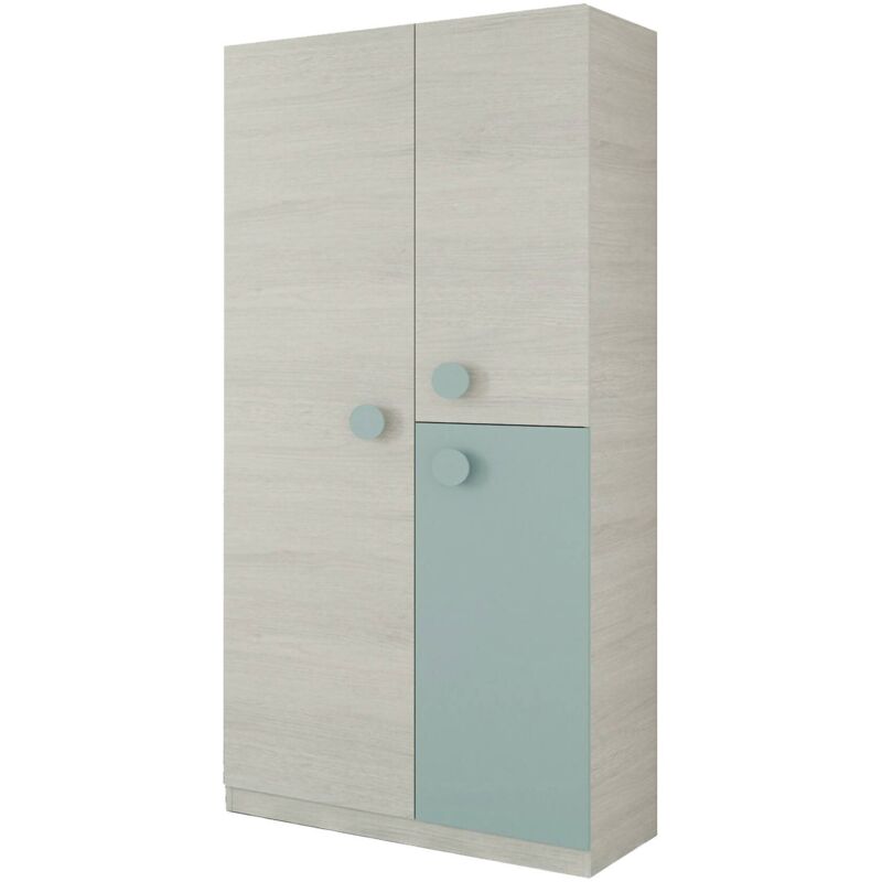 foto del prodotto guardaroba, armadio per cameretta, mobile a 3 ante e 3 ripiani con barra appendiabiti, cm 90x52h200, bianco e verde acqua
