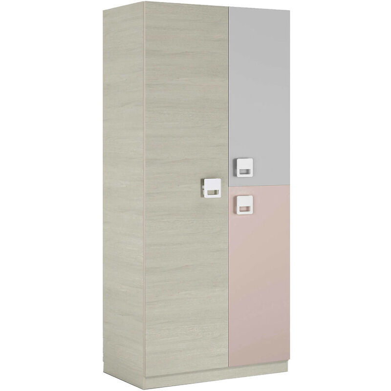 foto del prodotto guardaroba, armadio per cameretta, mobile a 3 ante e 3 ripiani con barra appendiabiti, cm 90x52h200, grigio e rosa