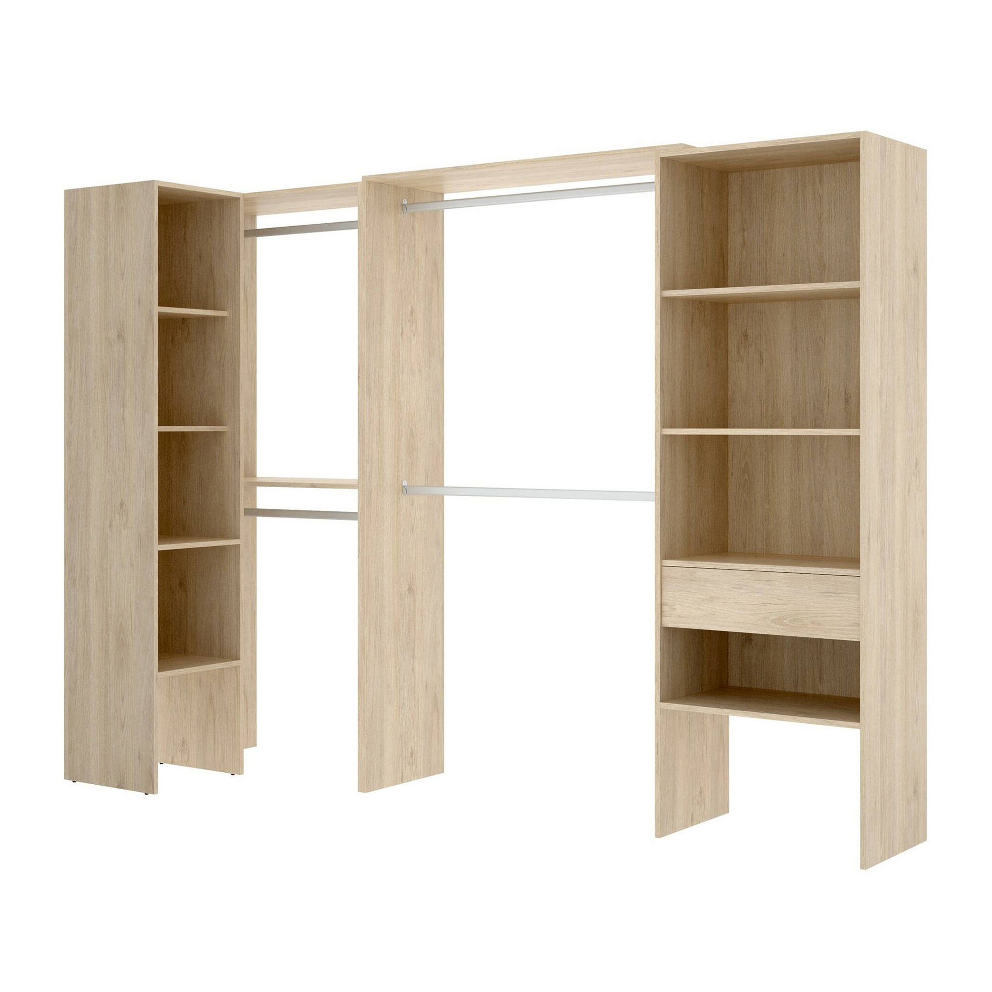 foto del prodotto guardaroba florita, struttura per cabina armadio angolare, mobile appendiabiti aperto ad angolo, 248x79h187 cm, rovere