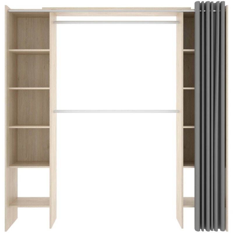 foto del prodotto guardaroba grande arim, struttura per cabina armadio con tenda, mobile appendiabiti aperto, 160x50h205 cm, rovere dmora