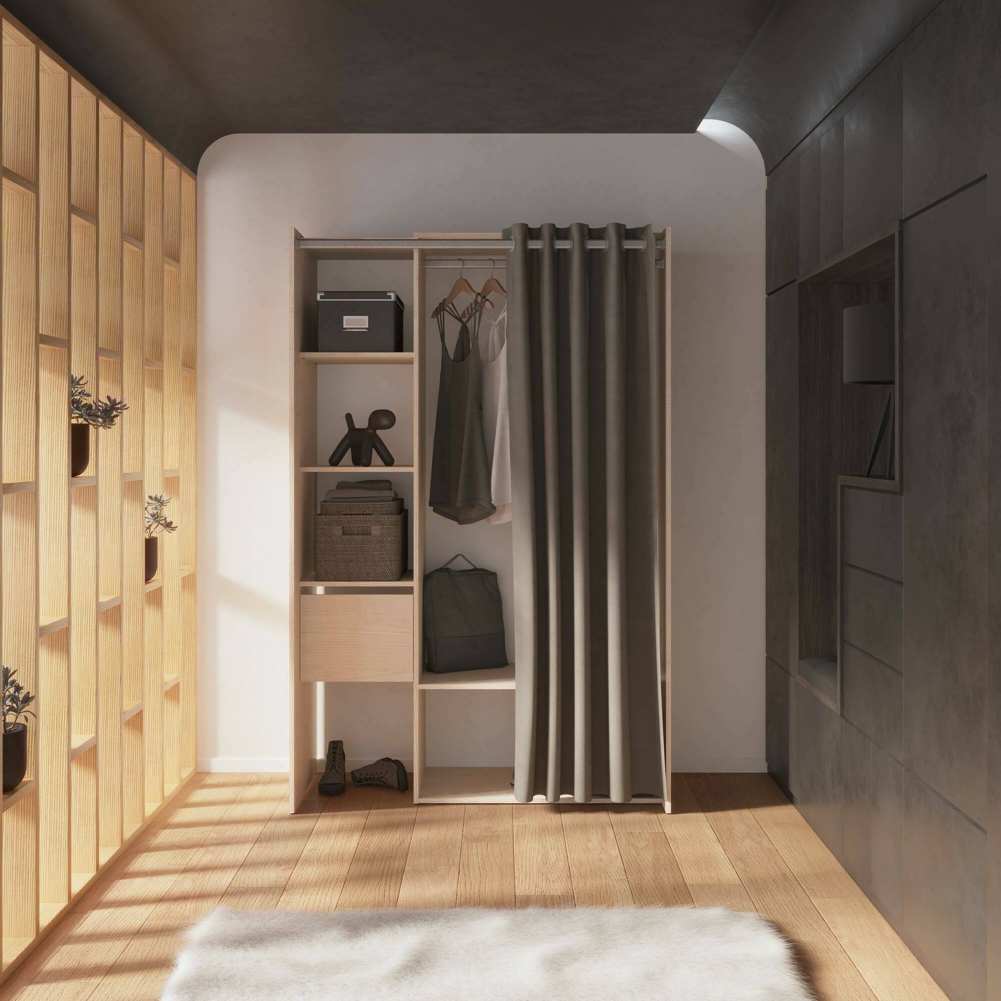 foto del prodotto guardaroba grande elettori, mobile camera da letto, cabina armadio portabiti, armadio appendiabiti, 119x50 h183 cm, rovere