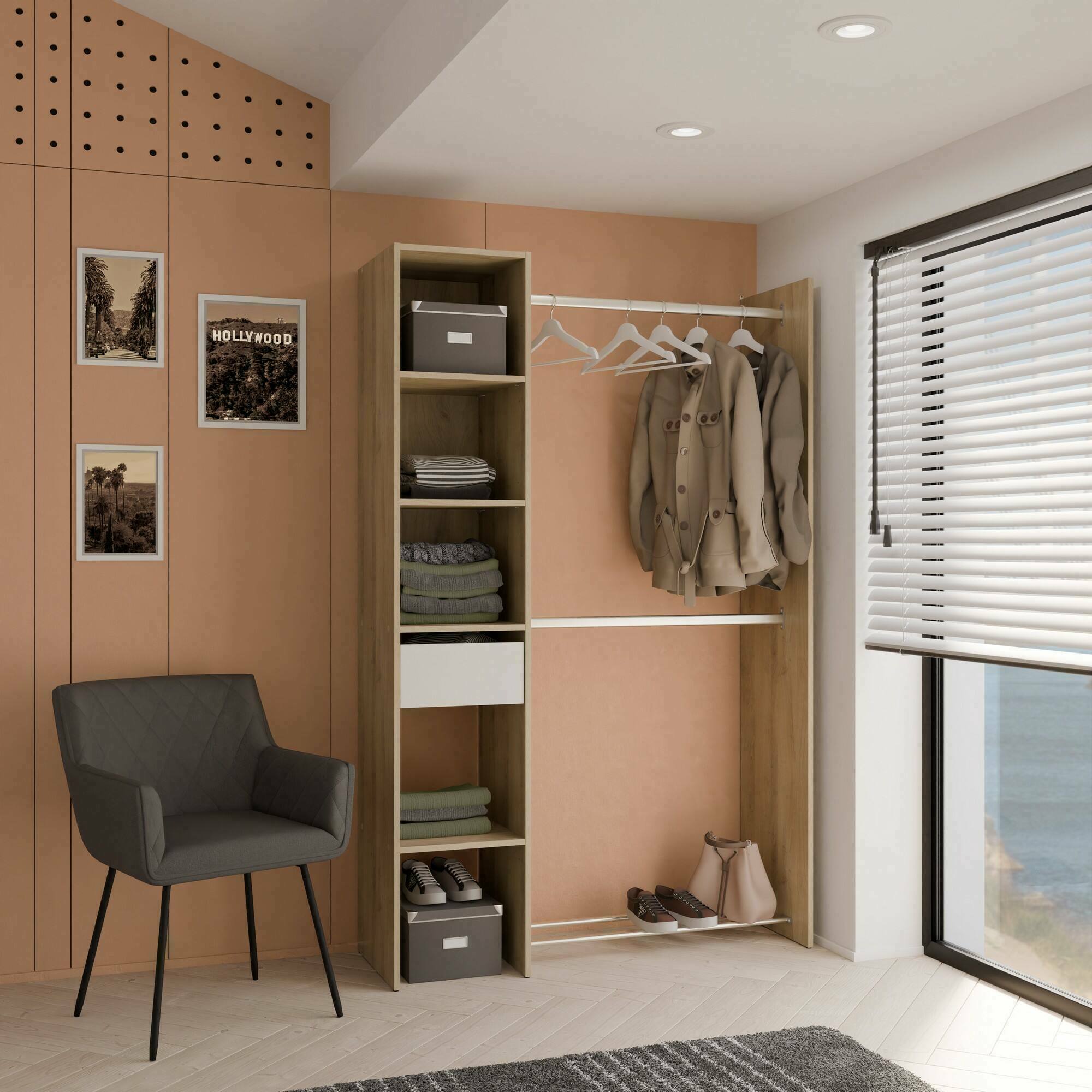 foto del prodotto guardaroba grande floriana, mobile camera da letto, cabina armadio portabiti, armadio appendiabiti, 118x40 h183 cm, rovere e bianco opaco