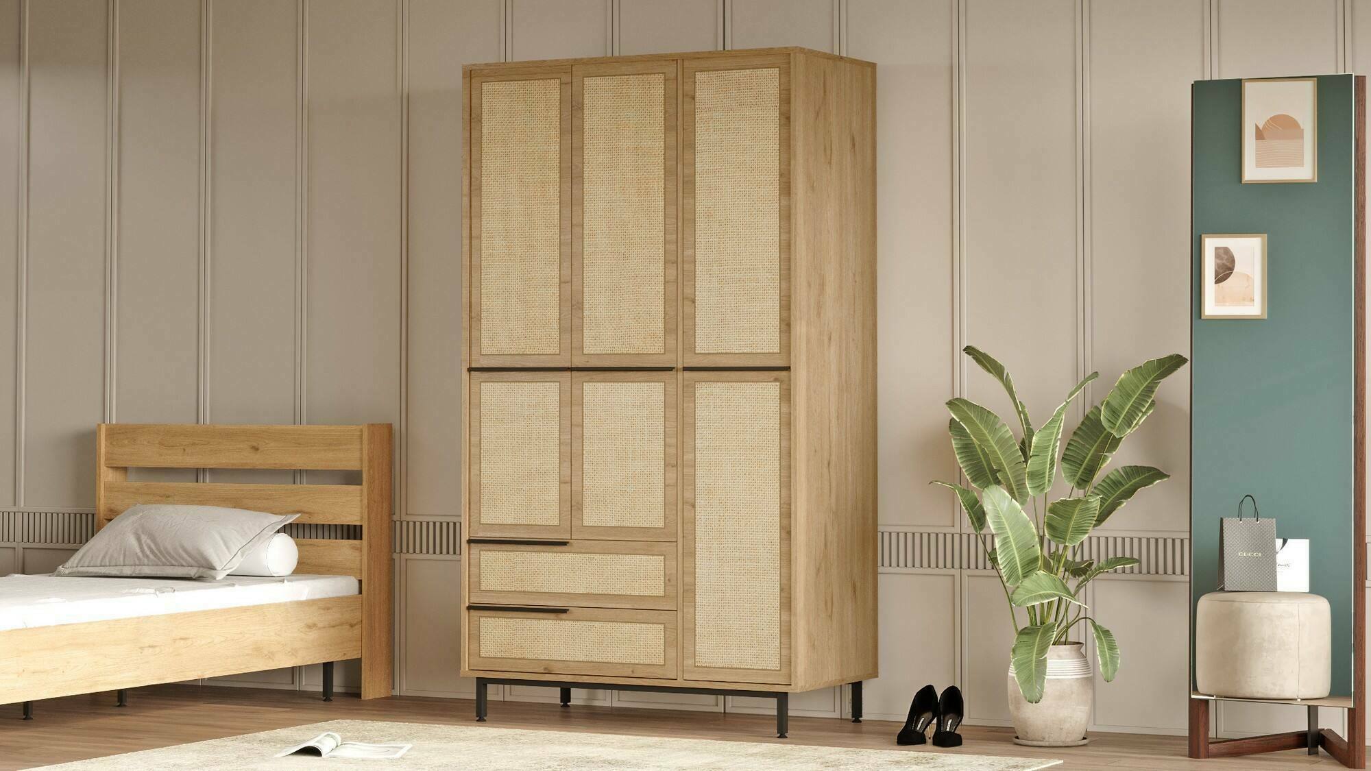 foto del prodotto guardaroba grande nangka, mobile camera da letto, cabina armadio portabiti, armadio appendiabiti, 112x55 h196 cm, noce e quercia