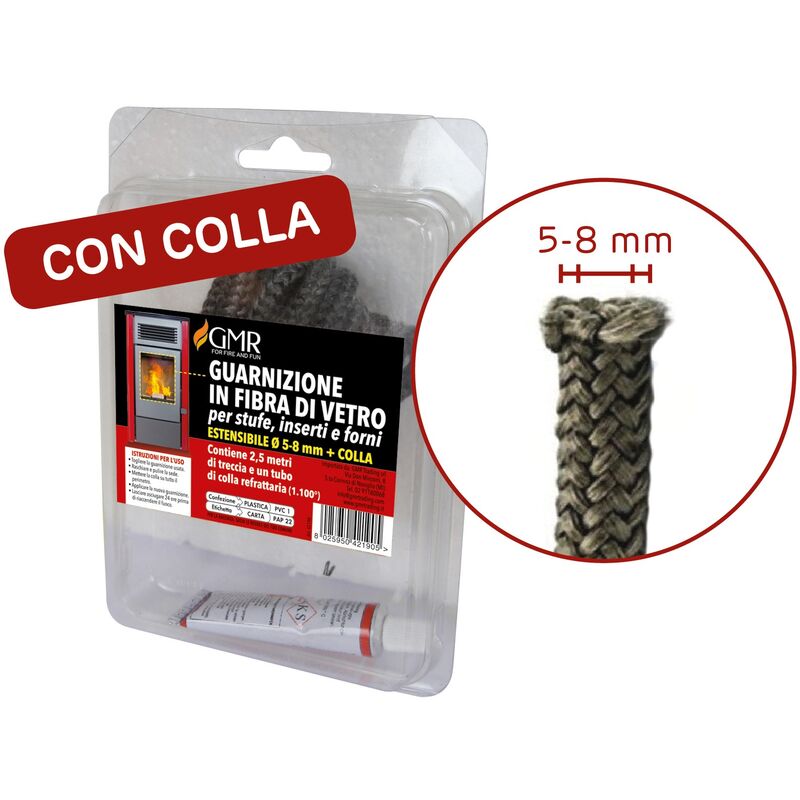 foto del prodotto guarnizione in fibra estensibile 5 8mm vetro per sportelli stufe, caminetti e forni con colla omaggio