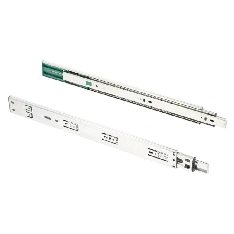 foto del prodotto guide per cassetti h45, 45,3 x 250 mm, in acciaio zincato resistente, sistema di chiusura rallentata, guida telescopica a sfera, portata massima 30