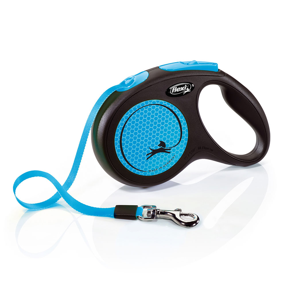foto del prodotto guinzaglio avvolgibile a fettuccia flexi new neon blu, 5 m m fino a 25 kg