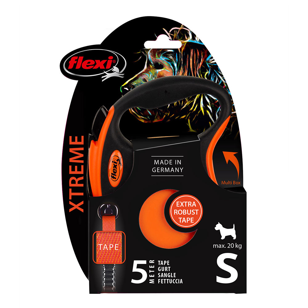 foto del prodotto guinzaglio avvolgibile a fettuccia flexi xtreme arancione, 5 m s fino a 20 kg